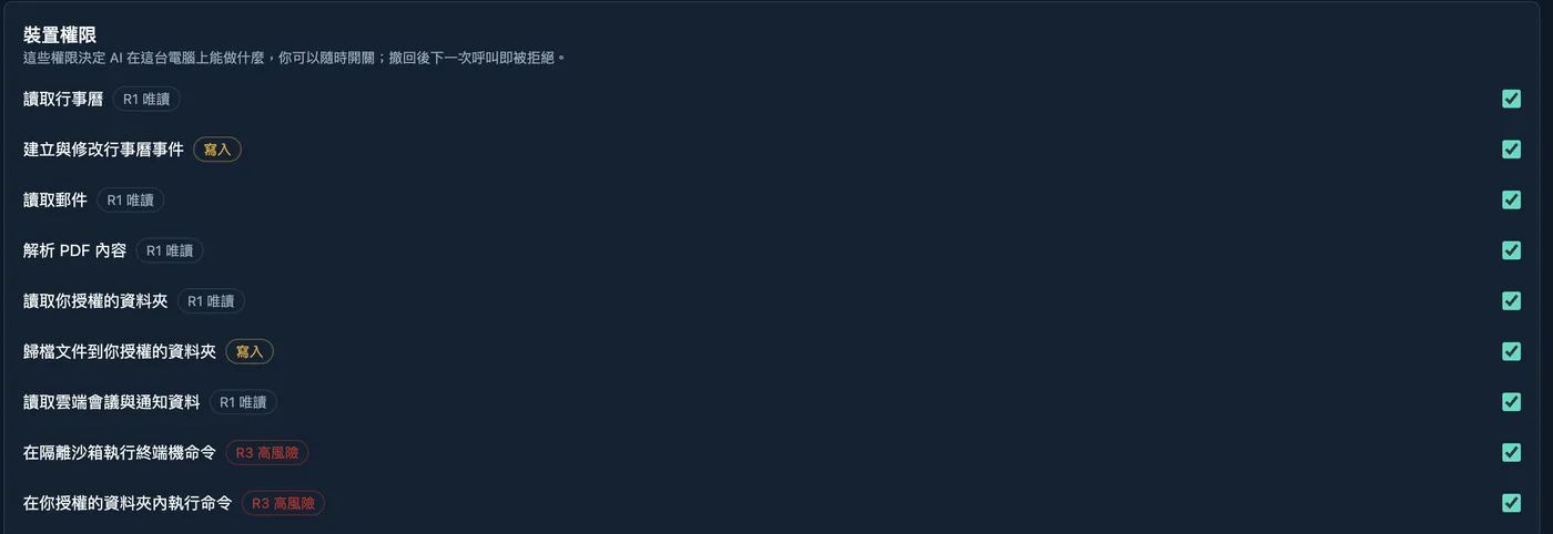 Athena Desktop 的裝置權限設定：讀取行事曆、郵件、PDF、授權資料夾與沙箱指令等本機能力逐項開關，並標示風險等級。