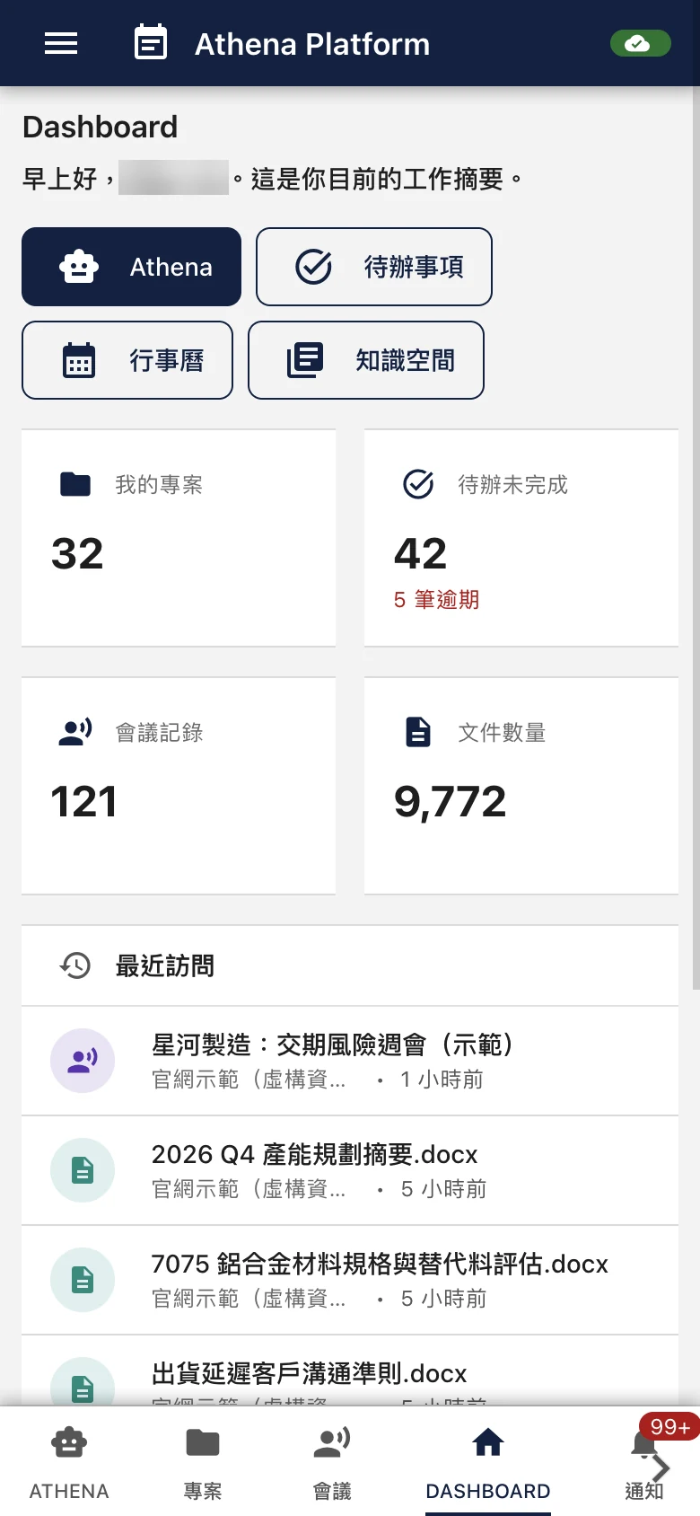 手機版首頁：快捷按鈕、我的專案與待辦統計（數字已模糊處理），以及最近開過的會議與文件。